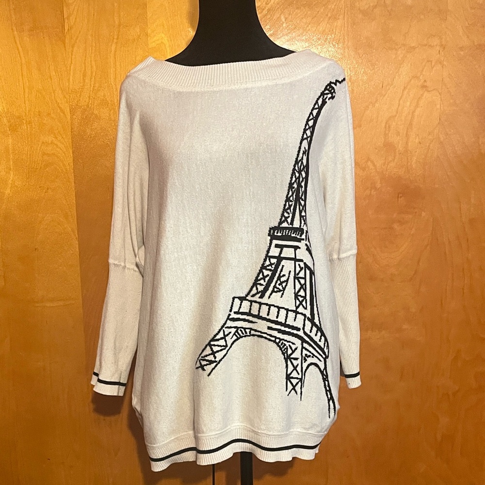 Catherine Malandrino Large White Sweater with Black Eiffel Tower Graphic
